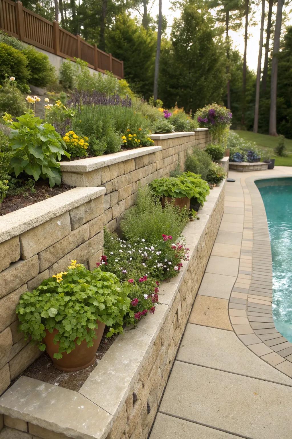 Integrated planters add a touch of nature to your retaining walls.