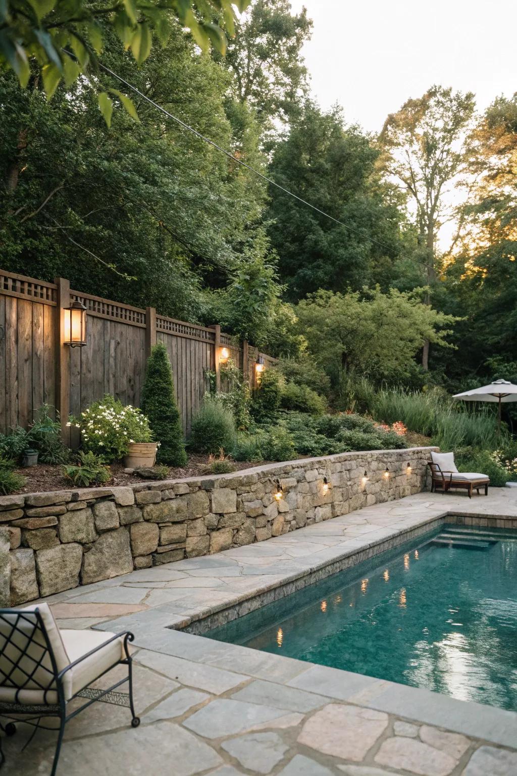Natural stone walls bring timeless elegance to your pool area.