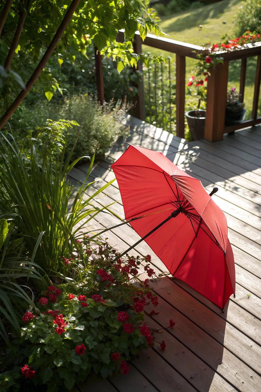 A red umbrella offers shade and style.