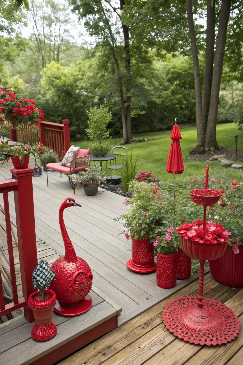 Whimsical red garden art adds charm and personality.