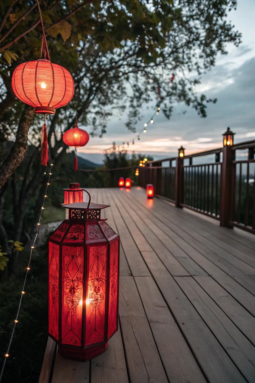 Red lanterns create a warm and inviting ambience.