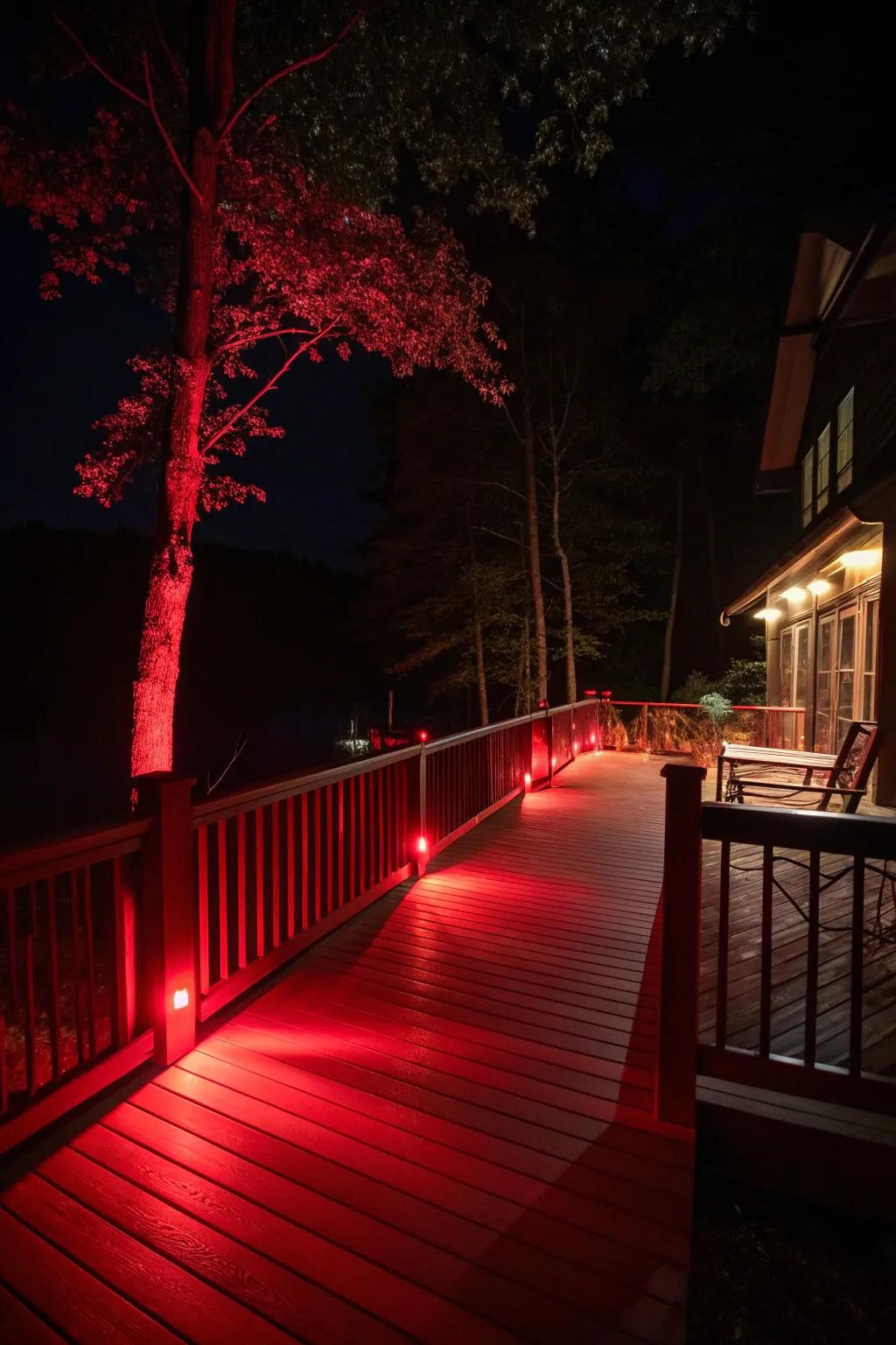 Red accent lighting adds a magical touch at night.