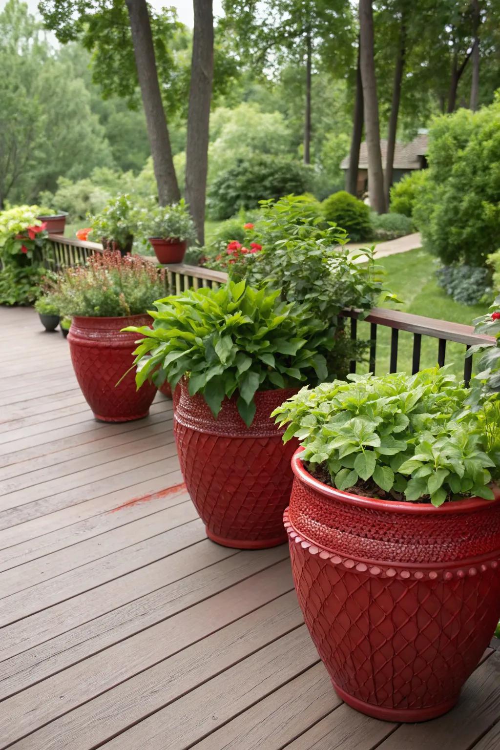 Red pots and plants bring life to the deck.