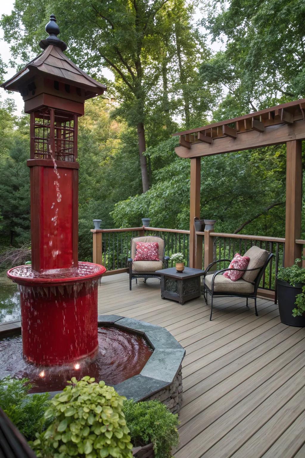 A red water feature provides a surprising focal point.