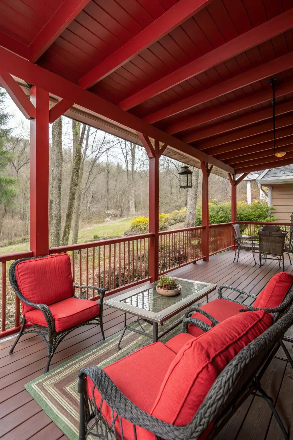 A covered deck with red accents offers protection and style.