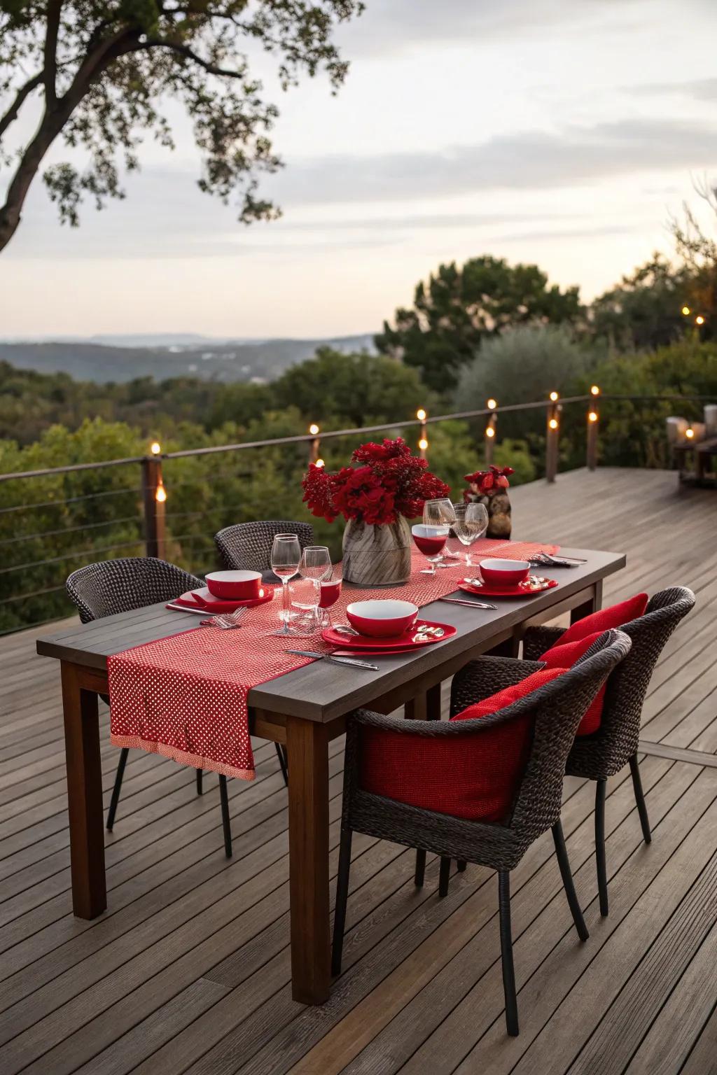 An al fresco dining setup with red accents.