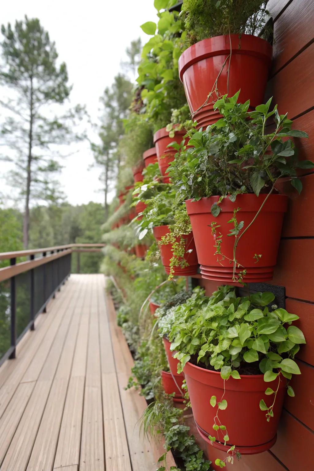 A vertical garden with red pots creates a striking visual.