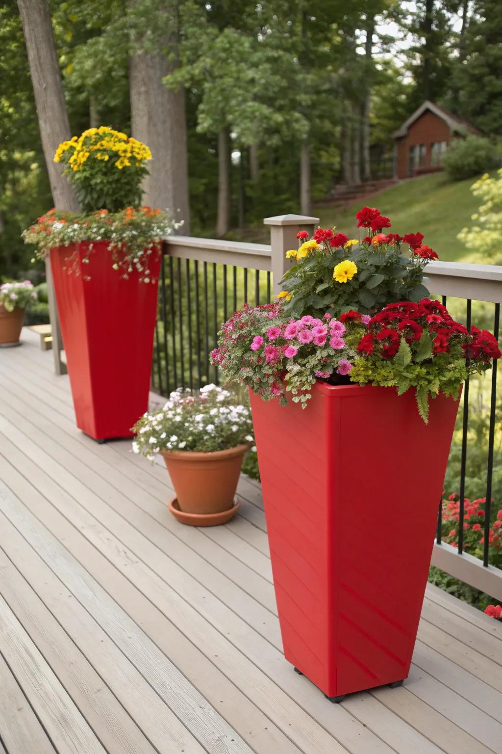 Vibrant red planters showcase beautiful blooms.