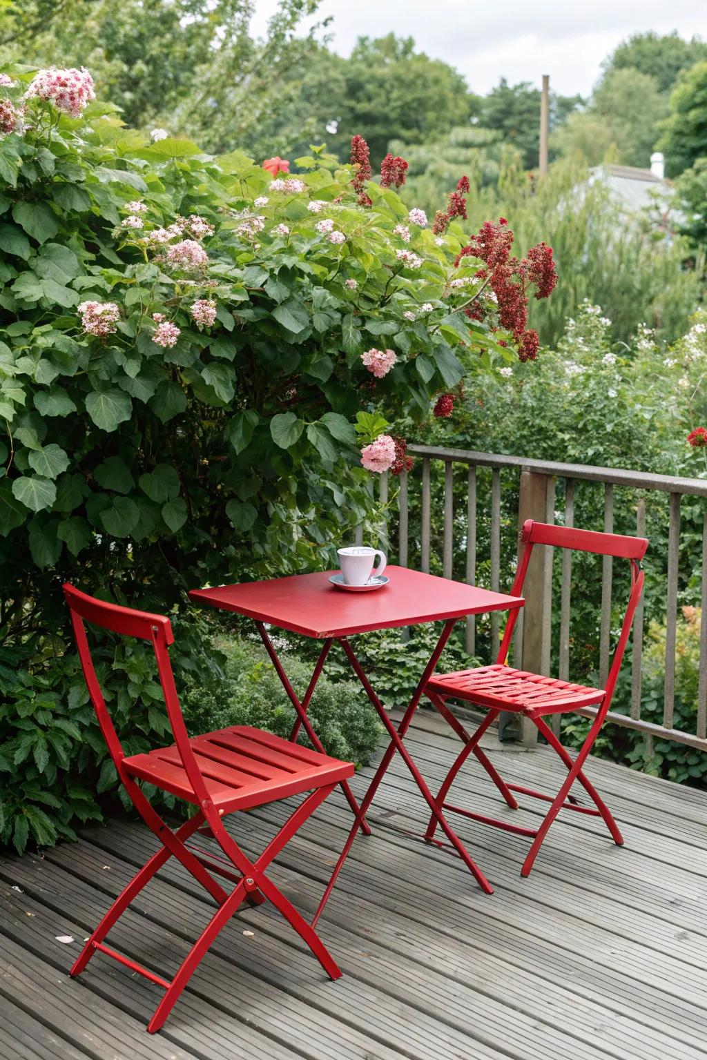 Bold red furniture sets the tone for a lively deck.