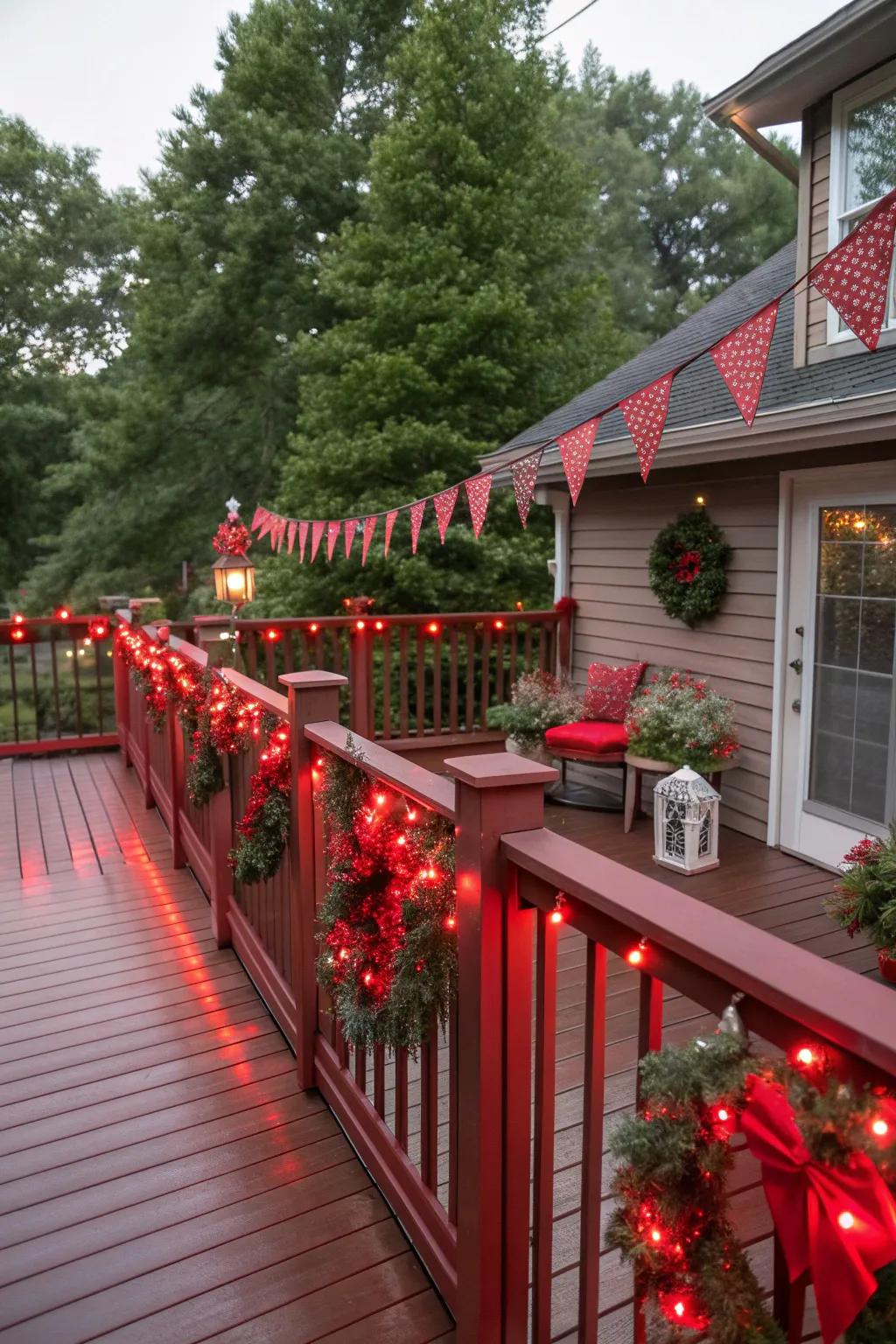 Red-themed seasonal decor keeps the deck fresh and festive.
