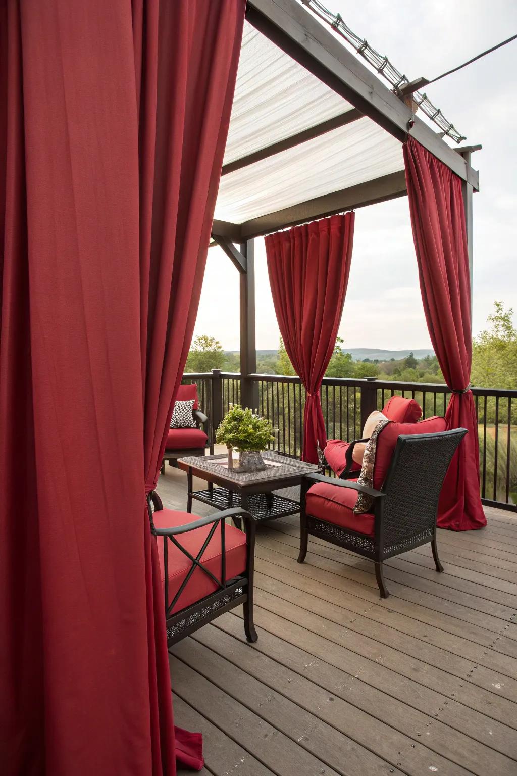 Red outdoor curtains provide privacy and flair.