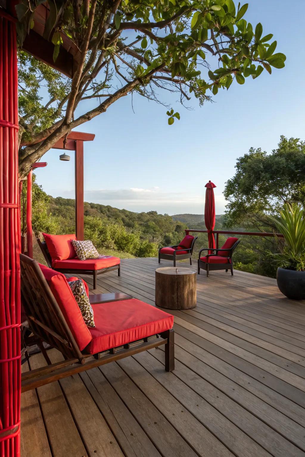 A mix of red elements and natural textures creates balance.