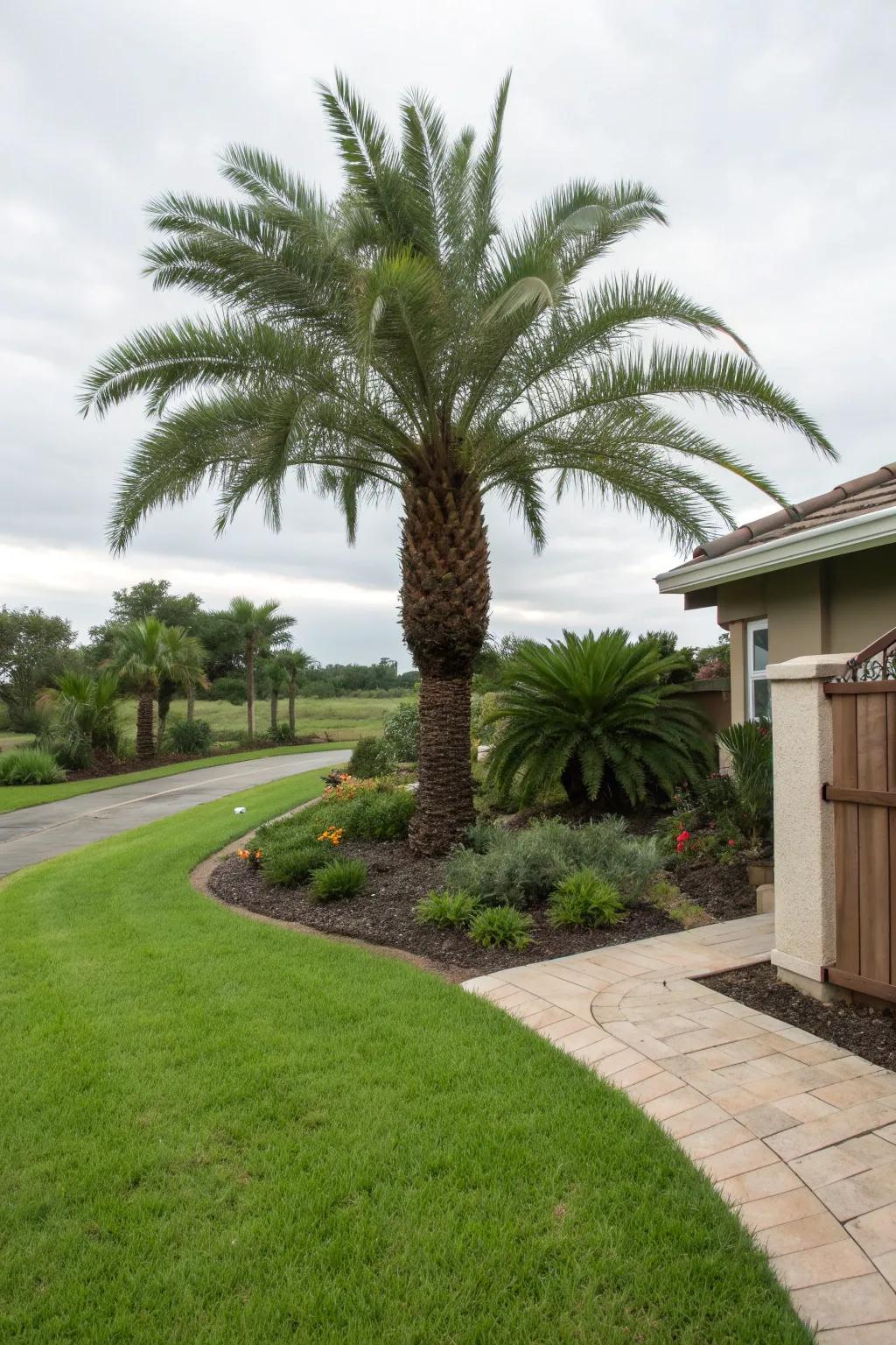 Create an eye-catching entrance with a pygmy date palm.