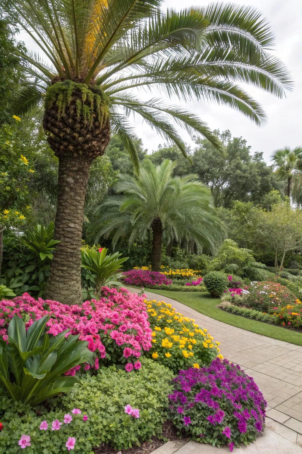 Enhance the tropical feel with vibrant companion plants.
