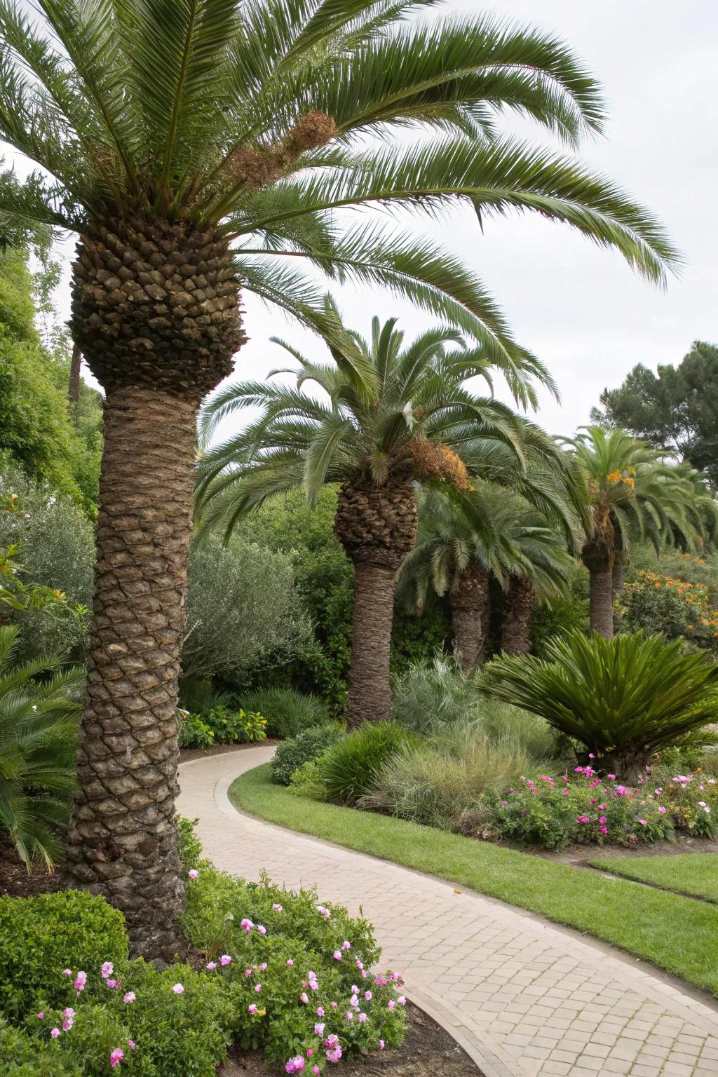 Add vertical interest with a multi-trunk palm.