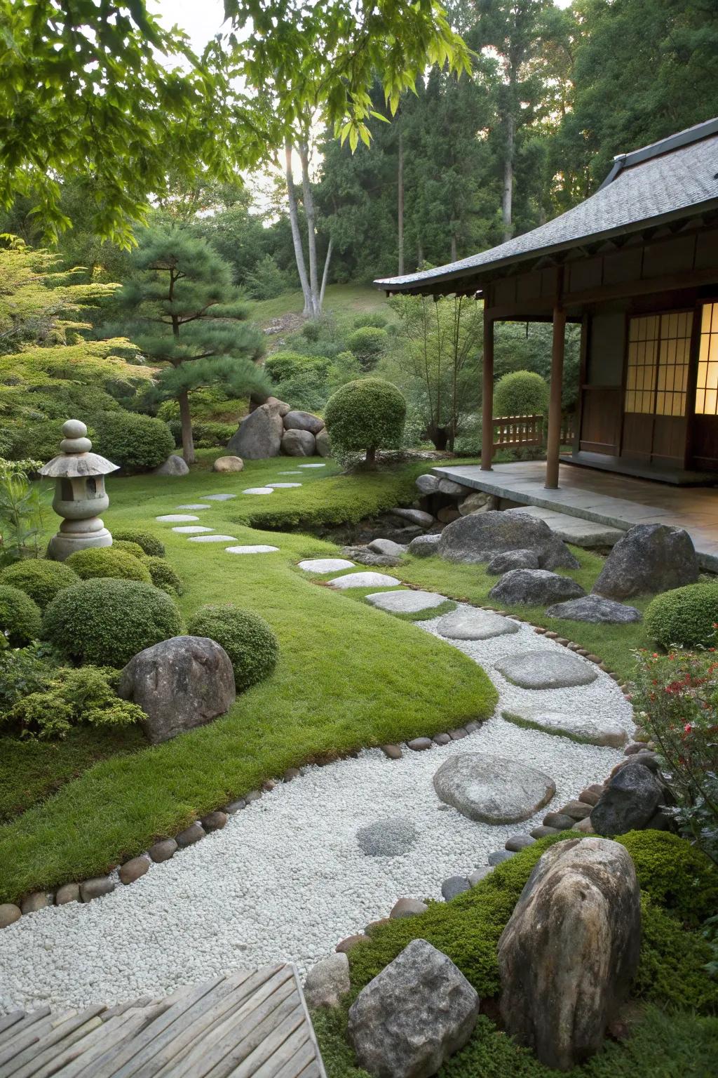 A tranquil Zen-inspired garden with grass and natural elements.