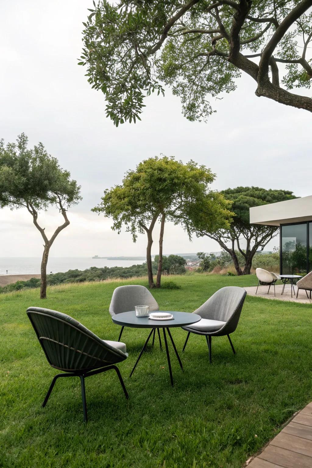 A cozy seating area with grass as a soft base.