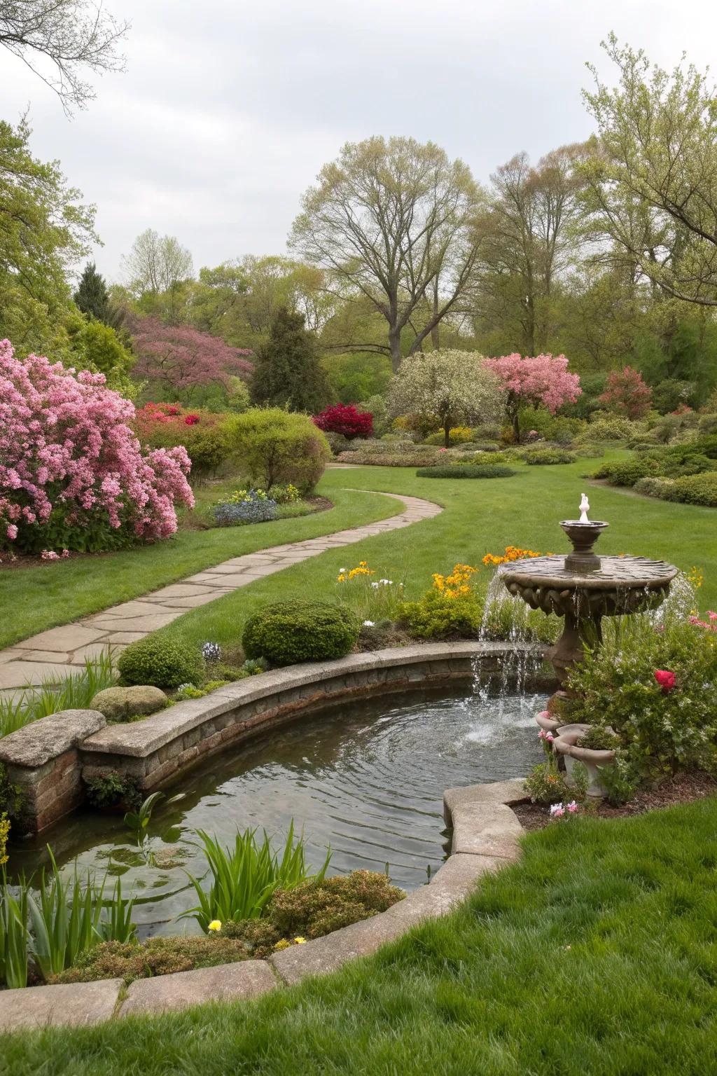 Grass paired with water features for a soothing atmosphere.