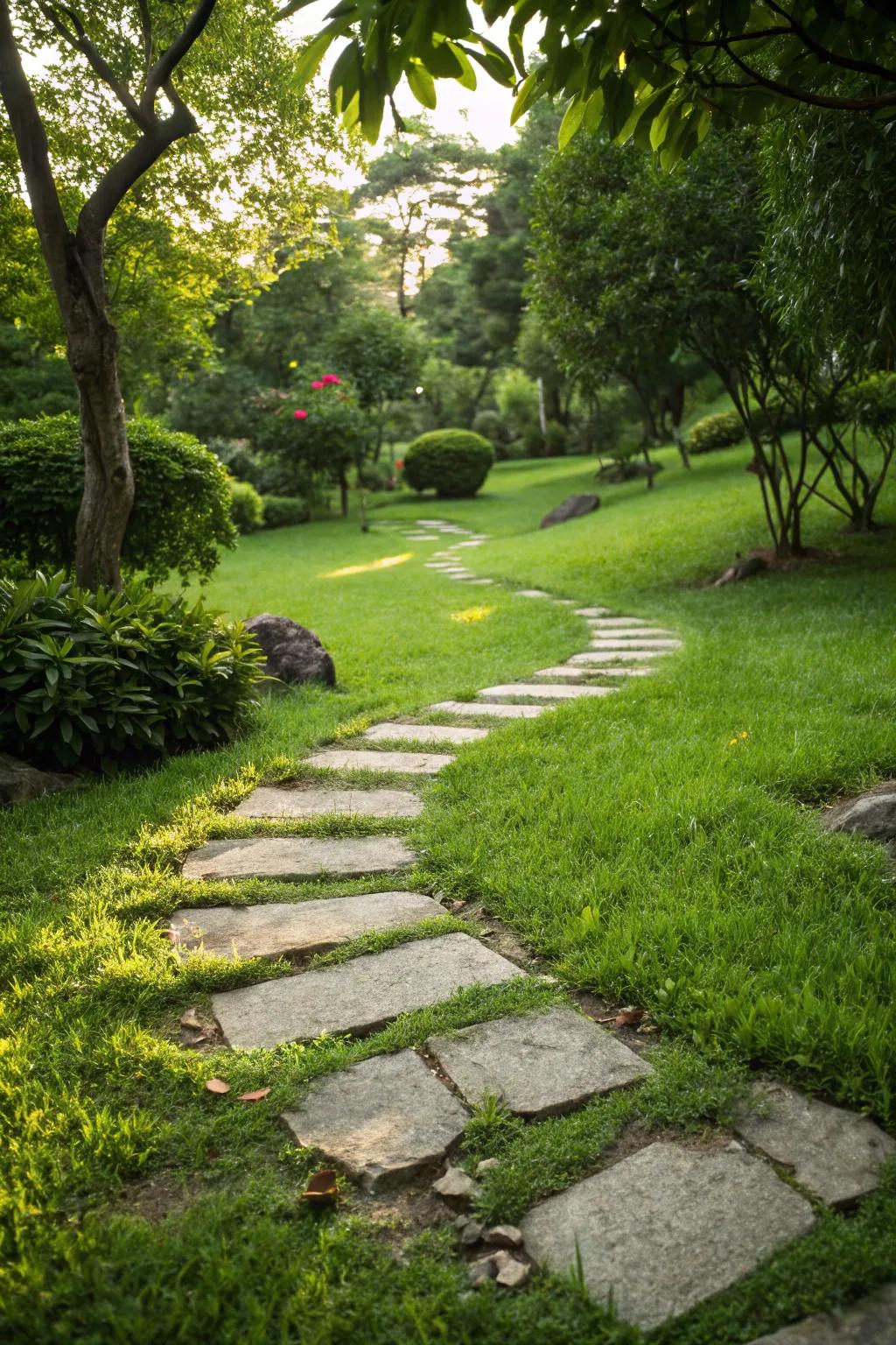 Charming garden pathways with stepping stones in grass.