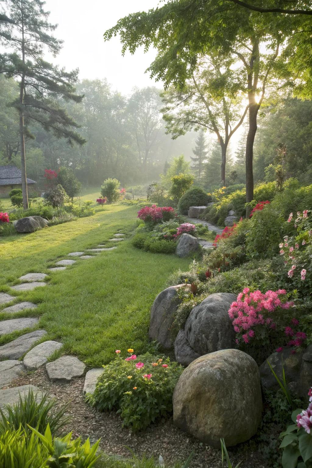 A harmonious blend of grass, stones, and plants for a natural look.