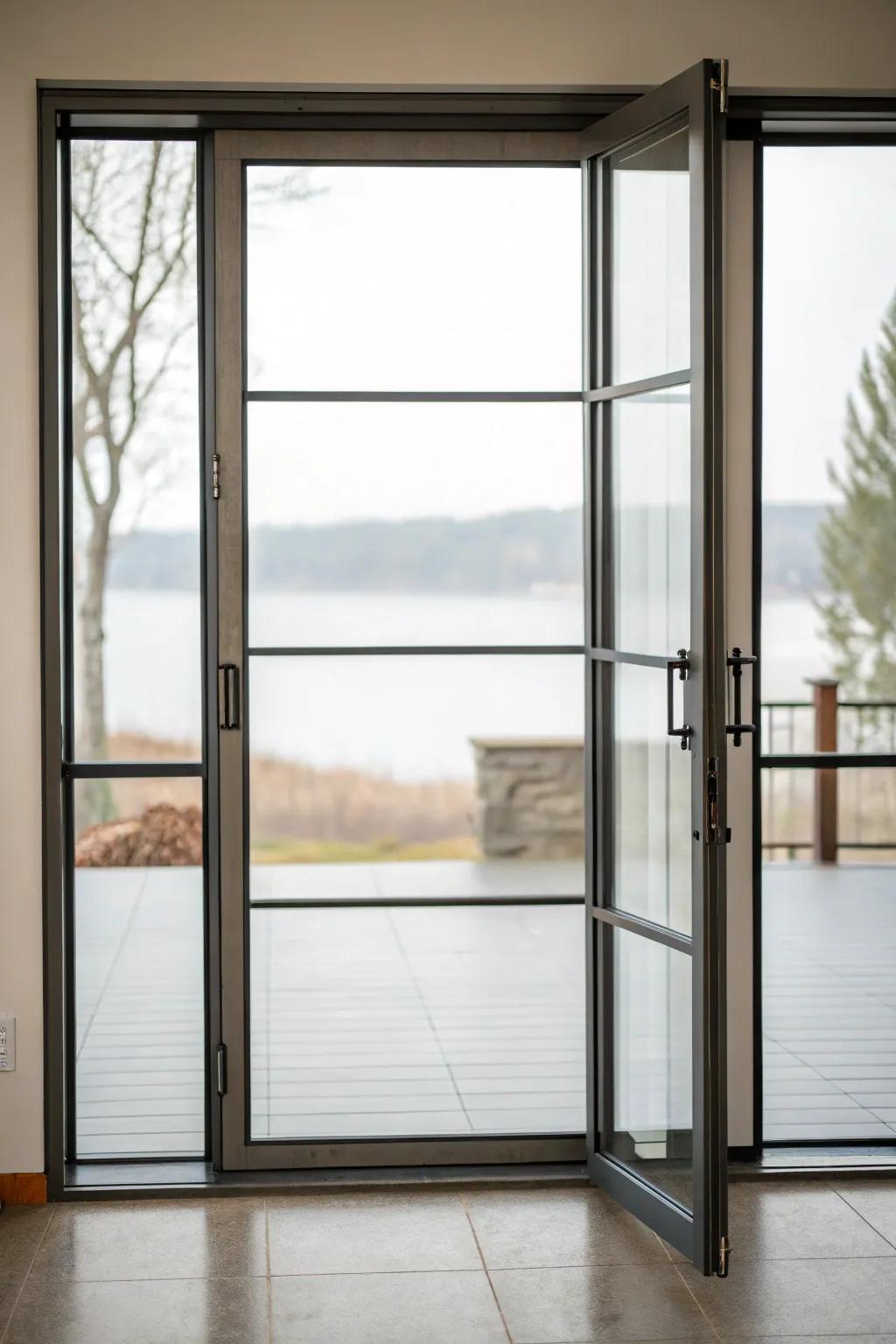 Glass panels add a touch of modern elegance to screen doors.