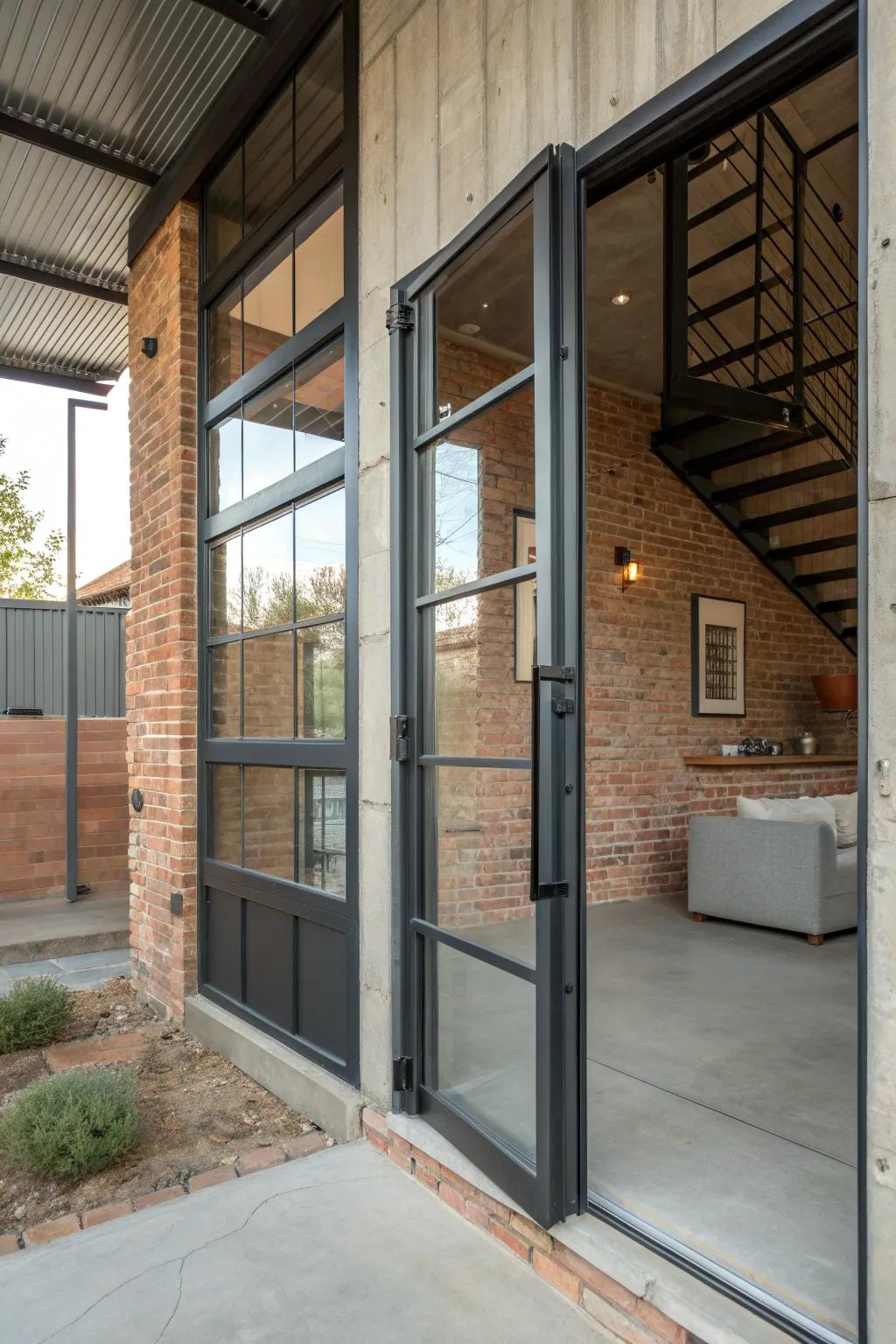 A metal-framed screen door with glass panels adds a sleek touch.