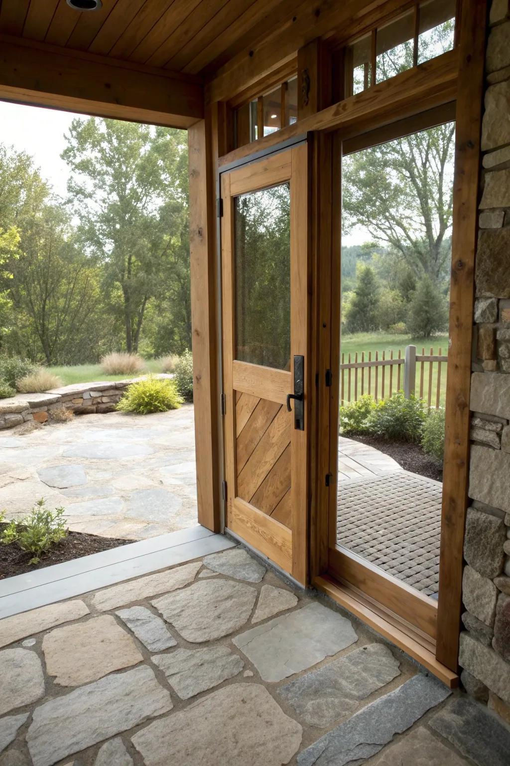 A wooden screen door brings rustic charm to a modern entryway.