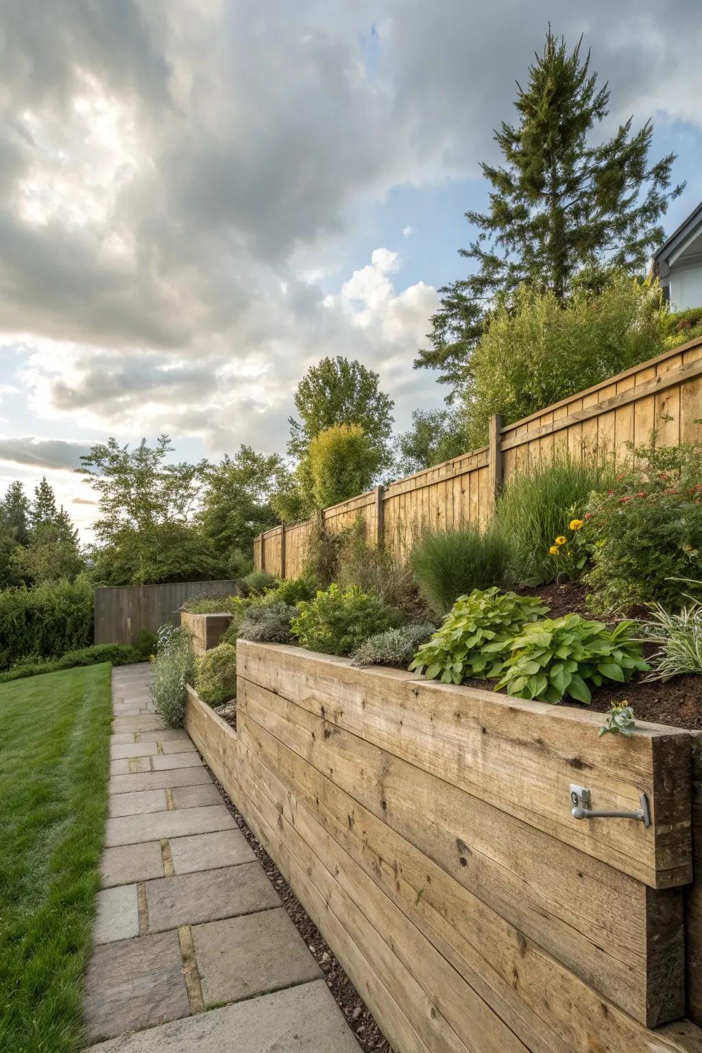 A timber retaining wall adding warmth and natural charm to the backyard.