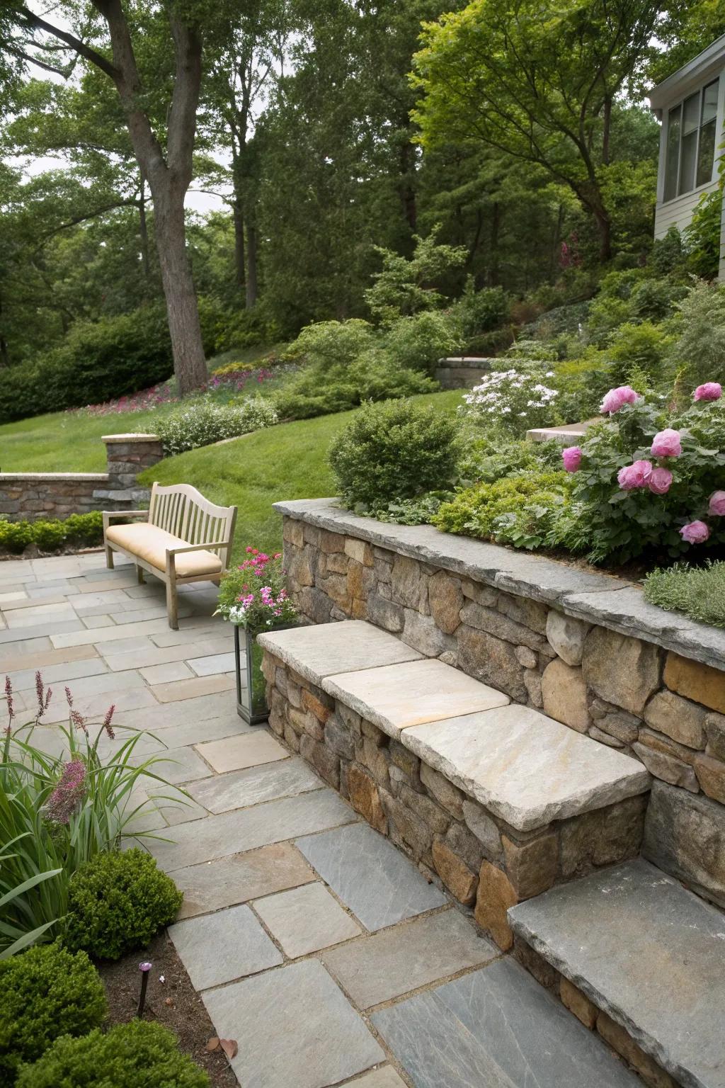 A retaining wall that doubles as seating, seamlessly integrated into the garden.