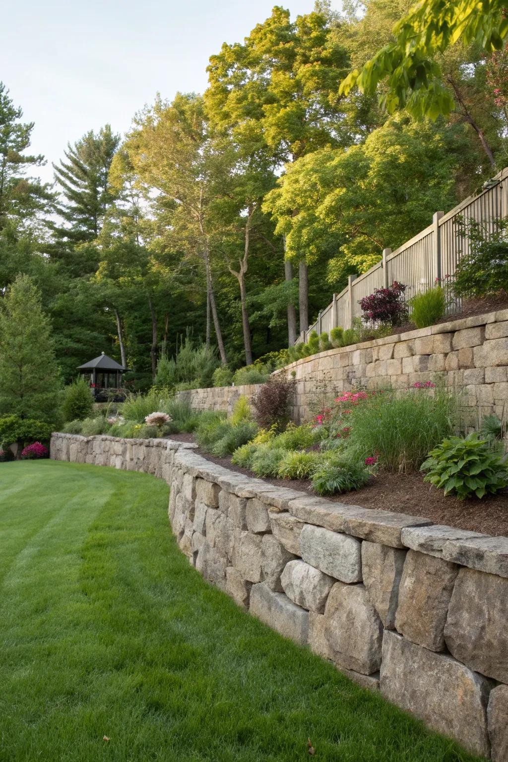 A large stone retaining wall providing a classic and robust look in a garden setting.