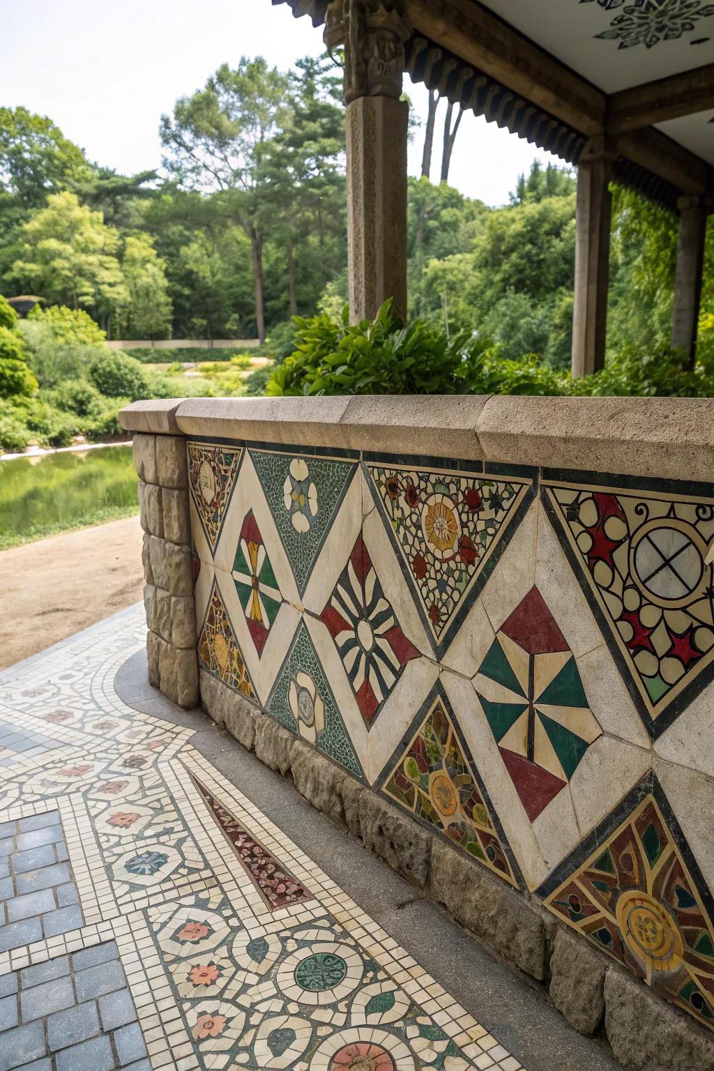 A retaining wall featuring modern geometric shapes and patterns.