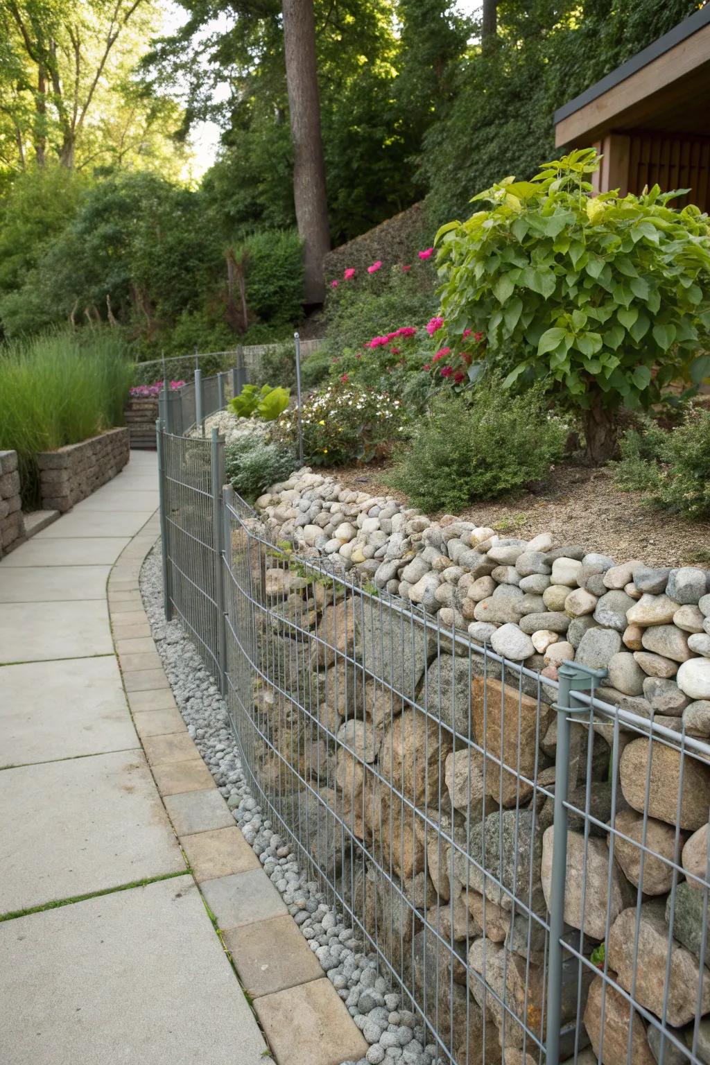 A gabion retaining wall filled with stones, providing a rustic yet stylish look.