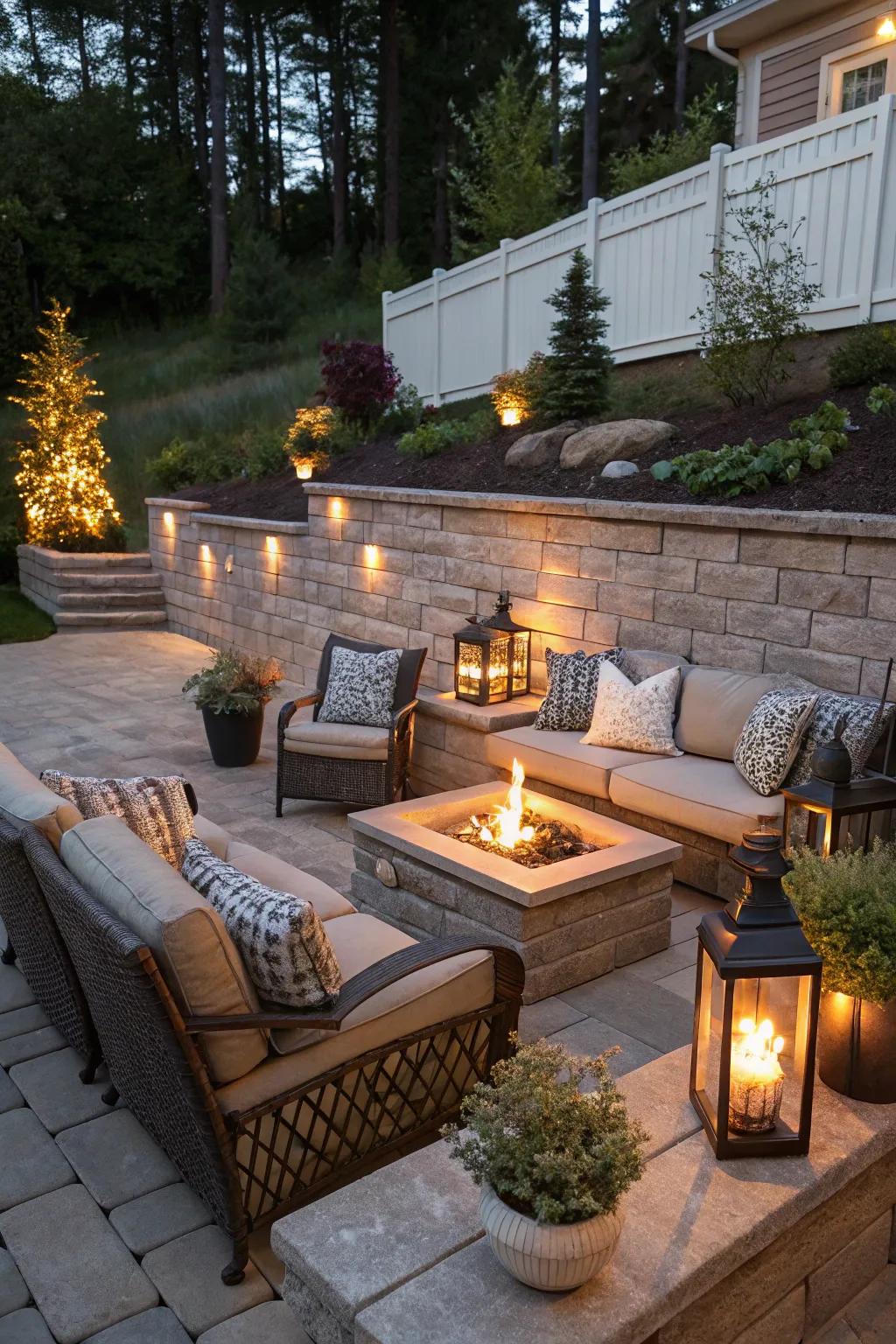 A cozy outdoor living space featuring a retaining wall and a central fire pit.