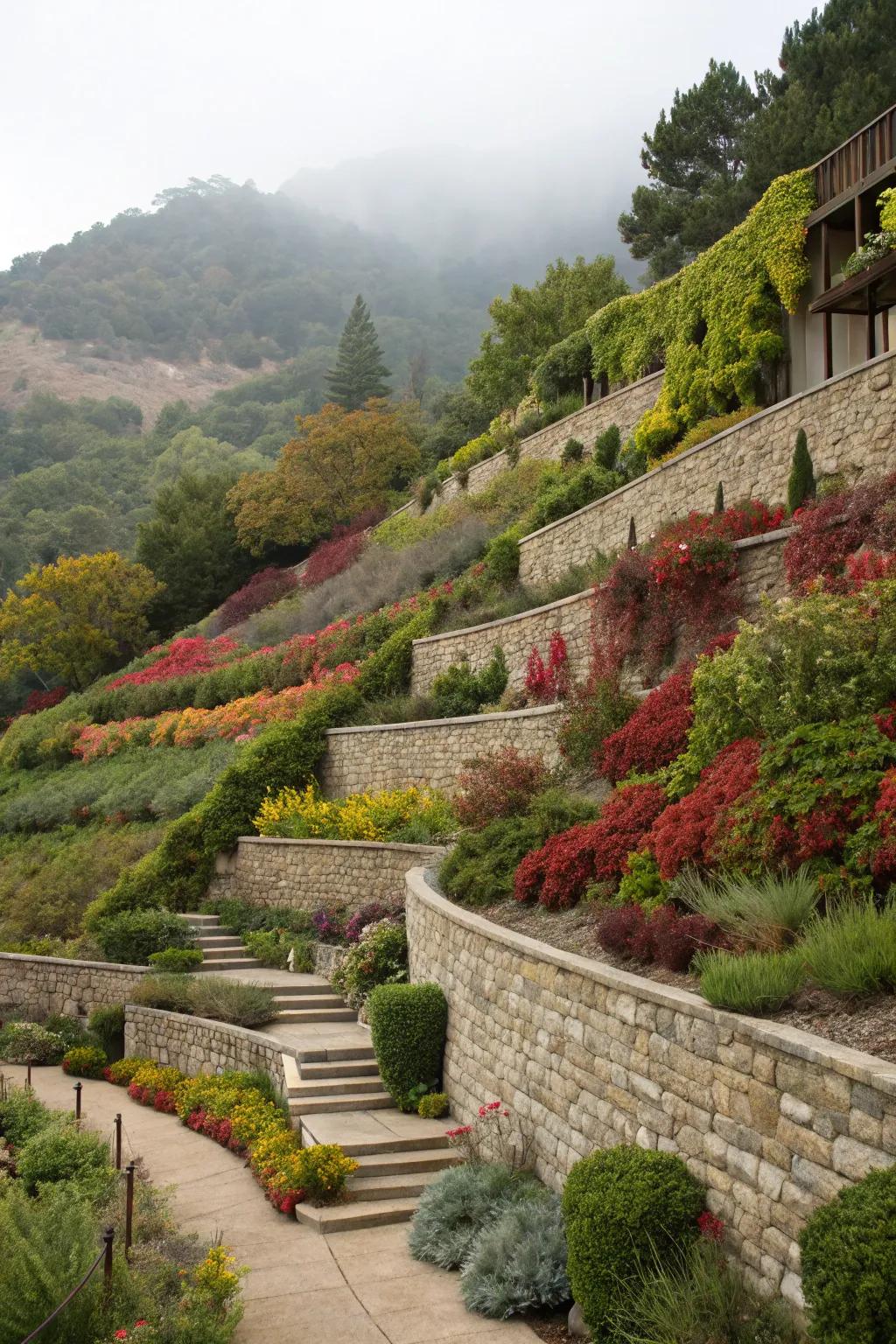 A beautiful terraced garden with multiple levels, each filled with vibrant plants.