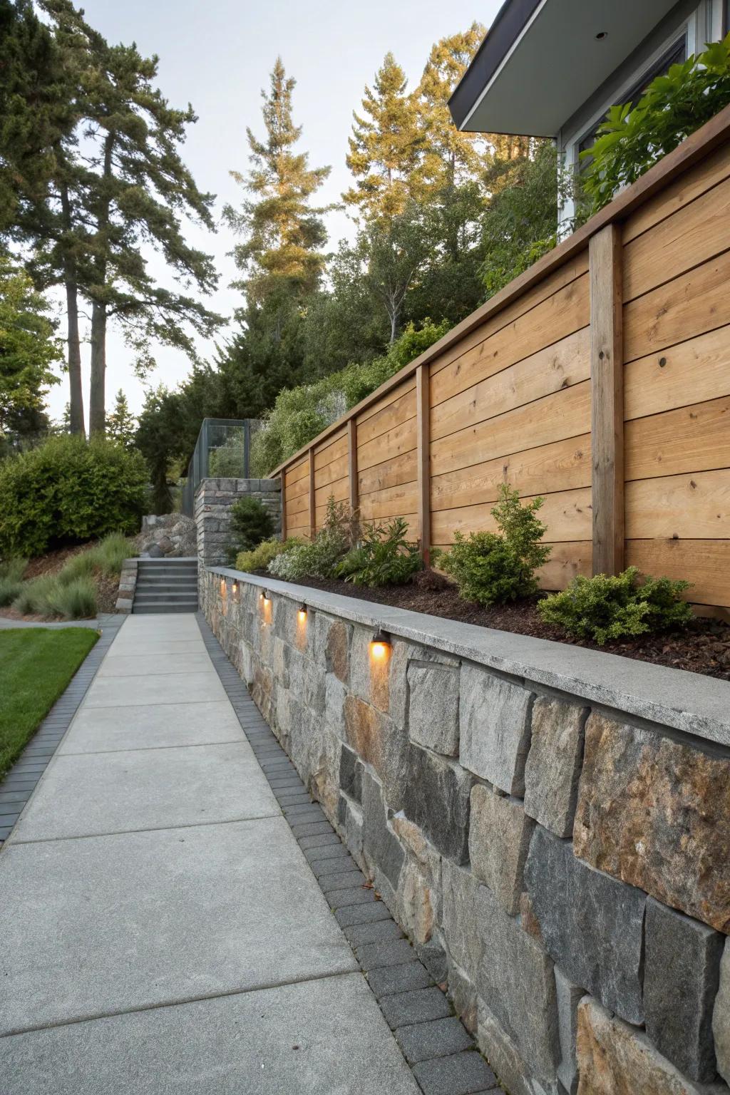 A retaining wall showcasing a mix of wood, stone, and concrete for added texture.