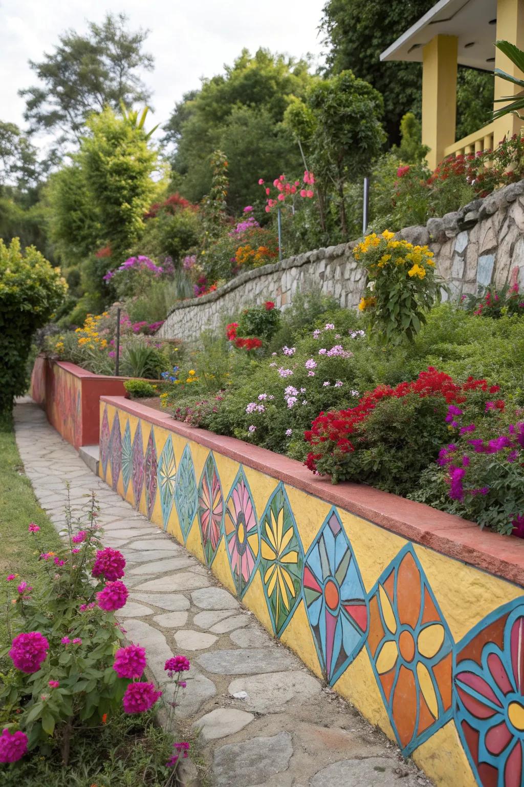 A retaining wall in bold, vibrant colors adding a playful touch to the garden.