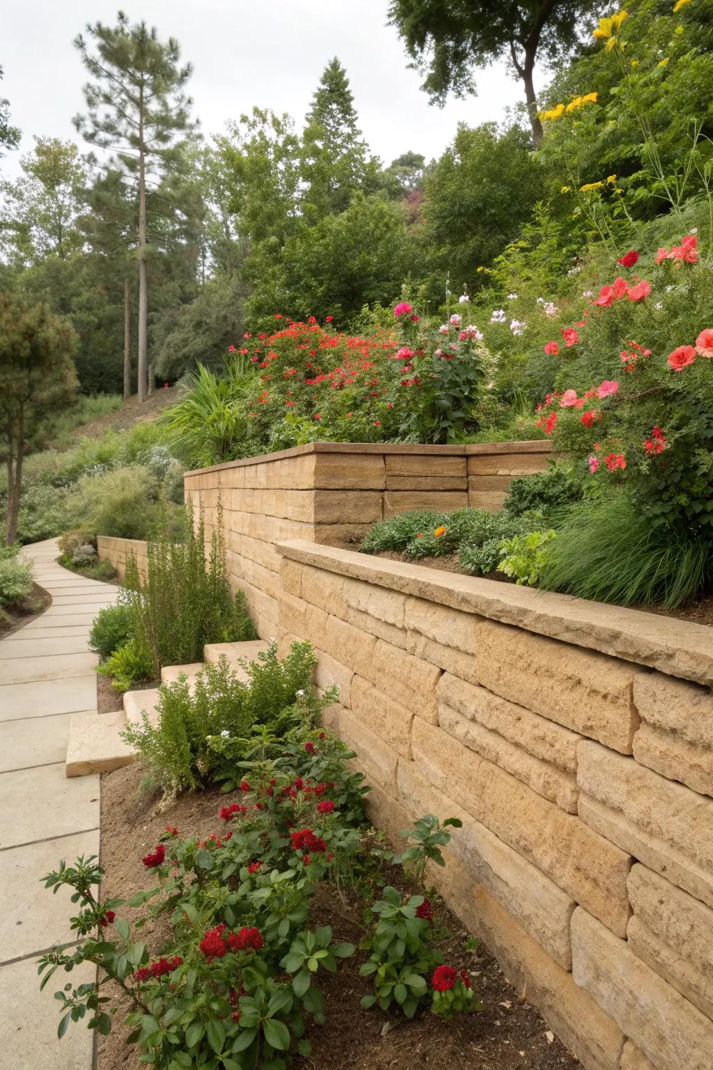 A rammed earth retaining wall, providing a natural and earthy aesthetic.