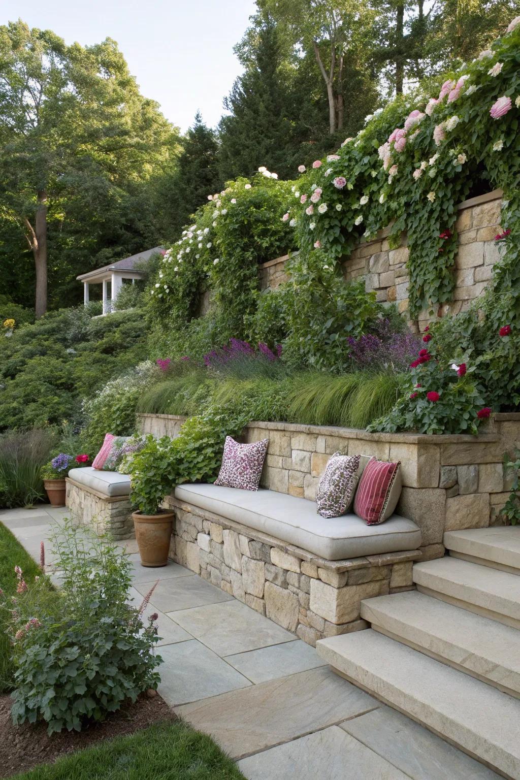 A retaining wall with charming seating nooks, perfect for relaxation.