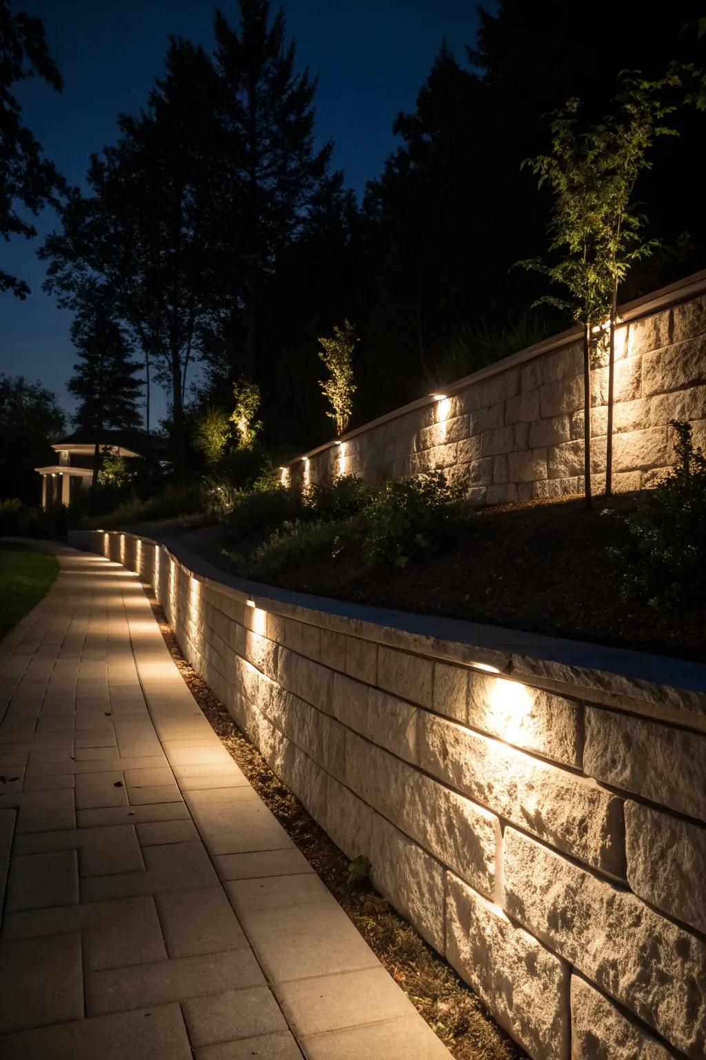 A retaining wall with integrated lighting, creating a magical nighttime ambiance.