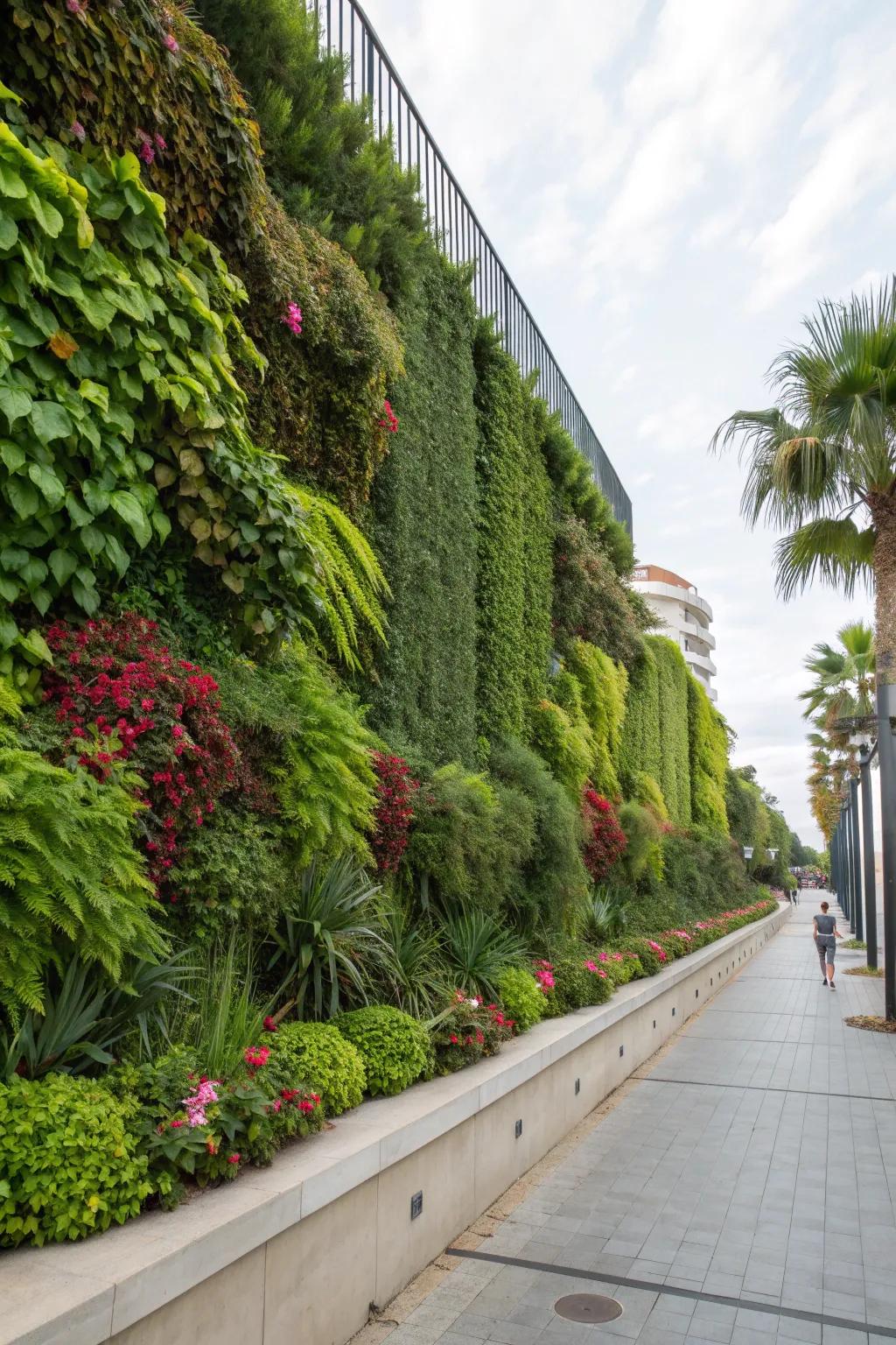 A retaining wall featuring a lush vertical garden, maximizing greenery.