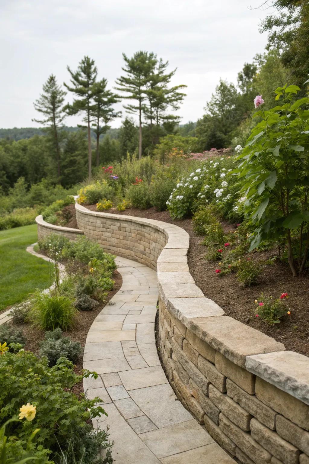 A curved retaining wall that elegantly follows the natural contours of the garden.