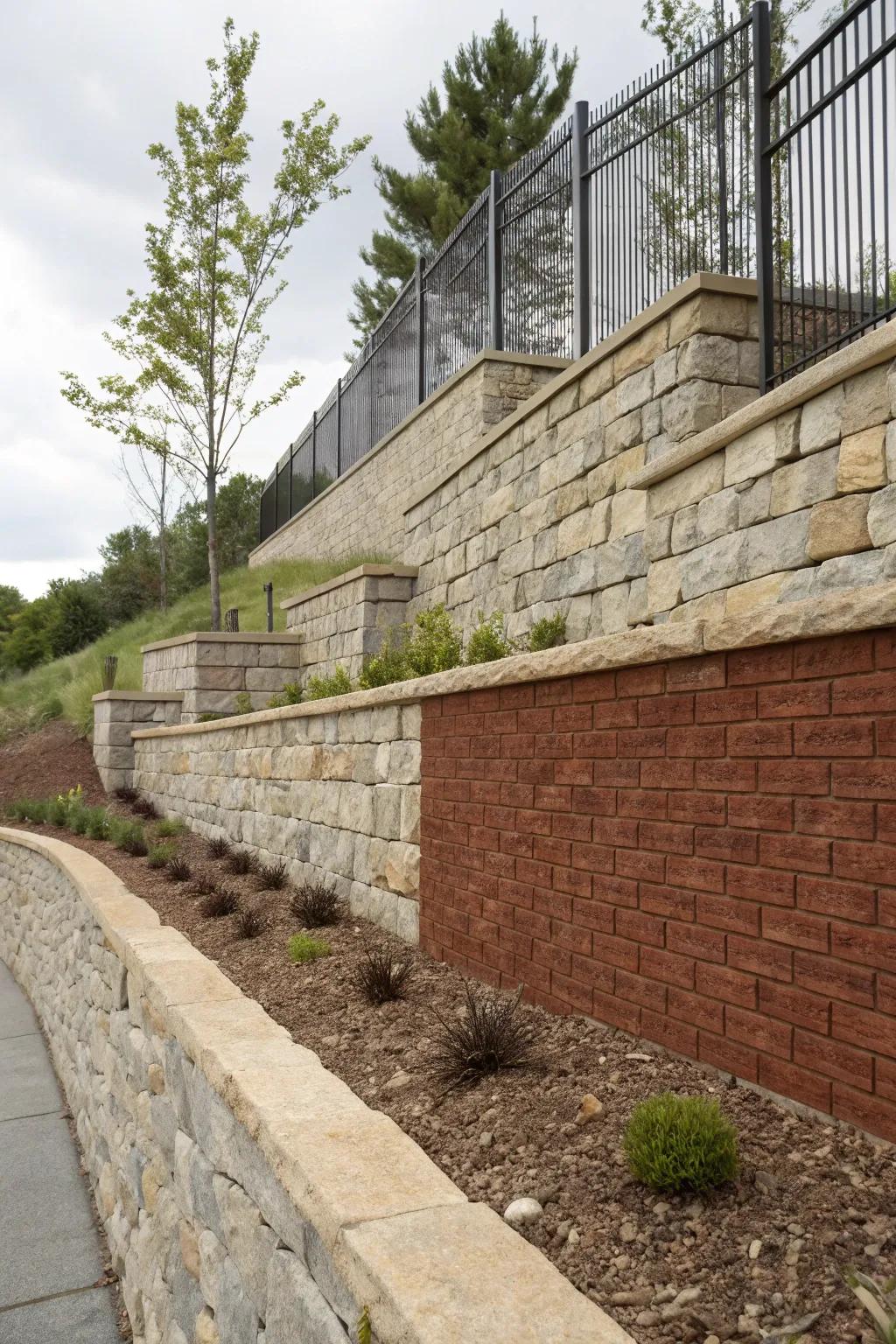 A retaining wall showcasing a variety of textures and finishes for visual interest.