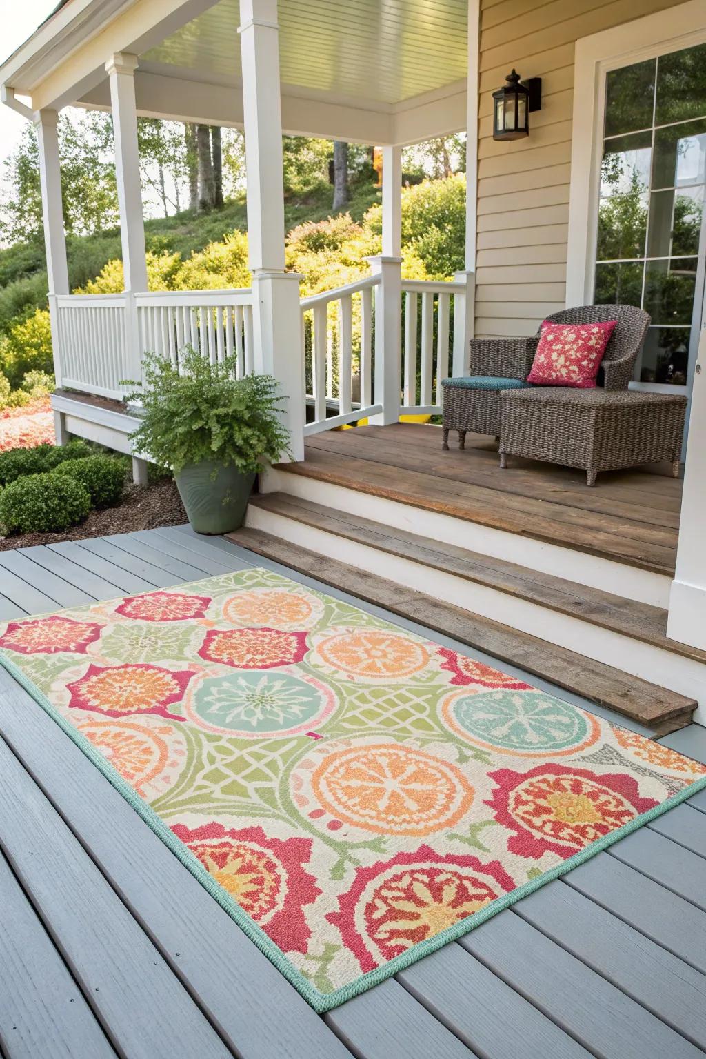 Add warmth with a chic outdoor rug.
