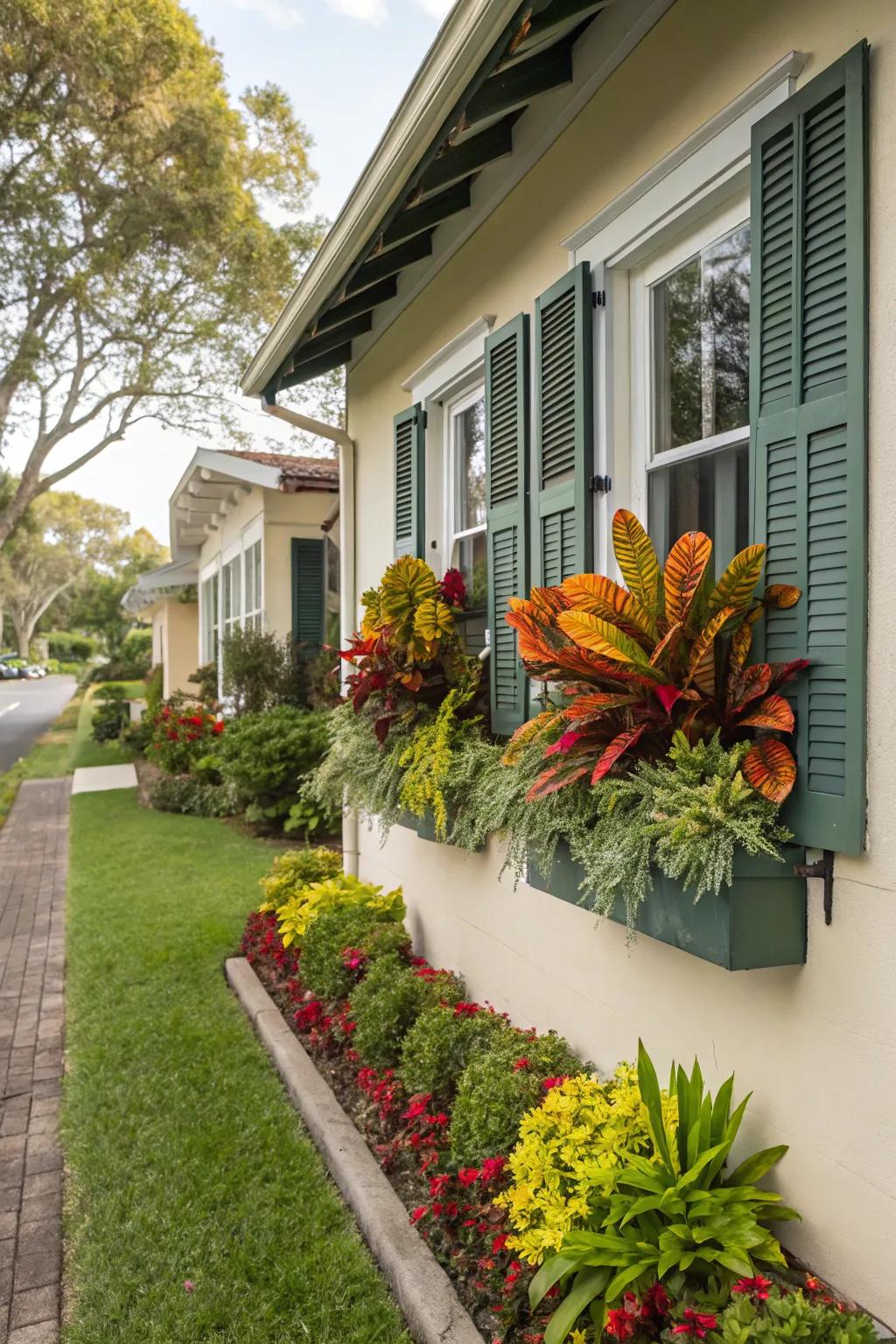 Frame your home beautifully with colorful crotons in window boxes.