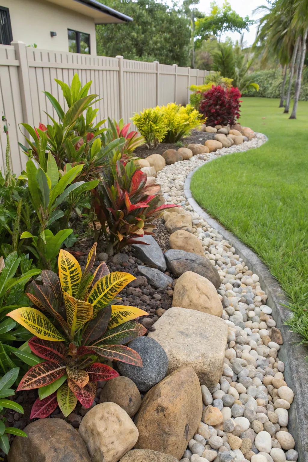 Create a striking contrast in your rock garden with colorful crotons.