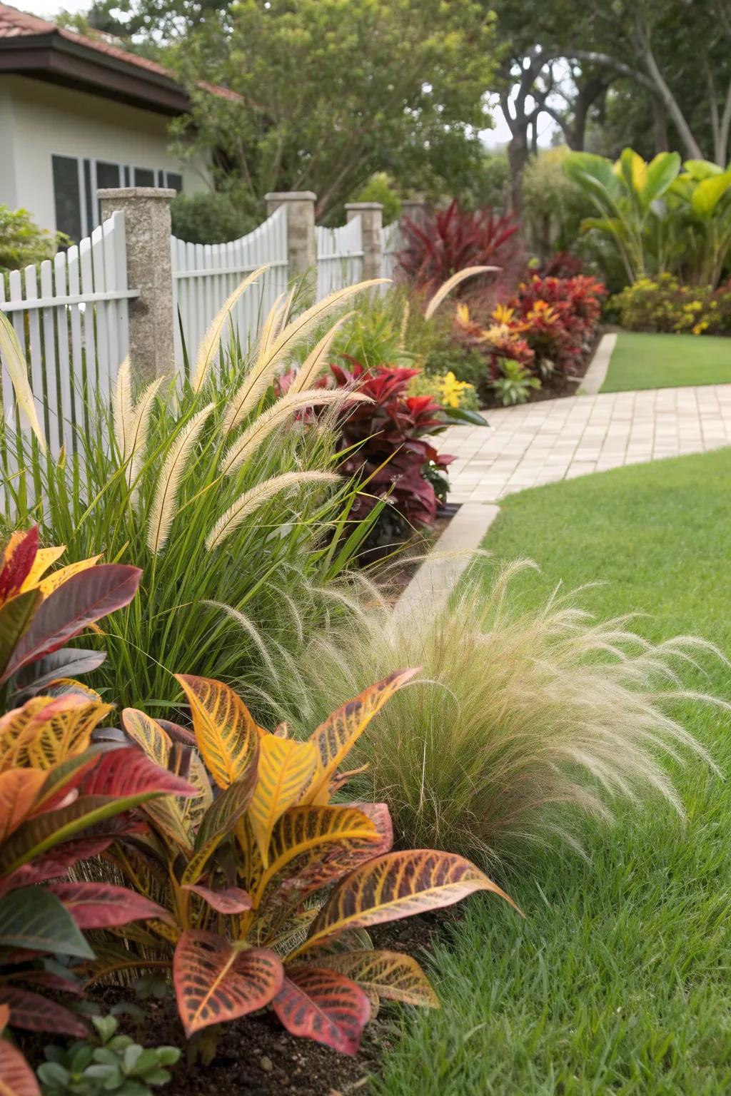 A dynamic front yard design combining the vibrant colors of crotons with the gentle sway of ornamental grasses.