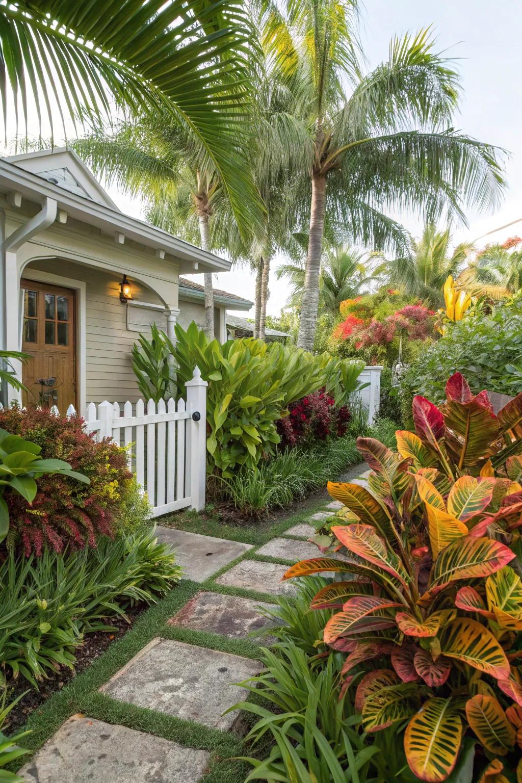 Create a tropical escape in your front yard with vibrant crotons and other lush plants.