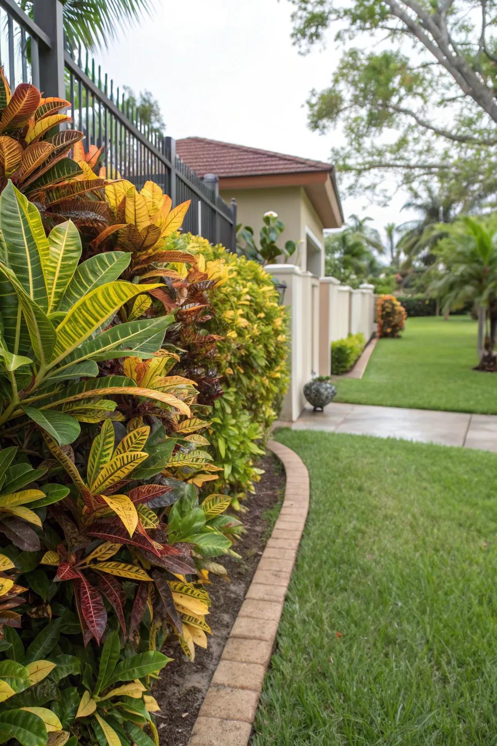 Enjoy a colorful privacy barrier with a croton hedge.