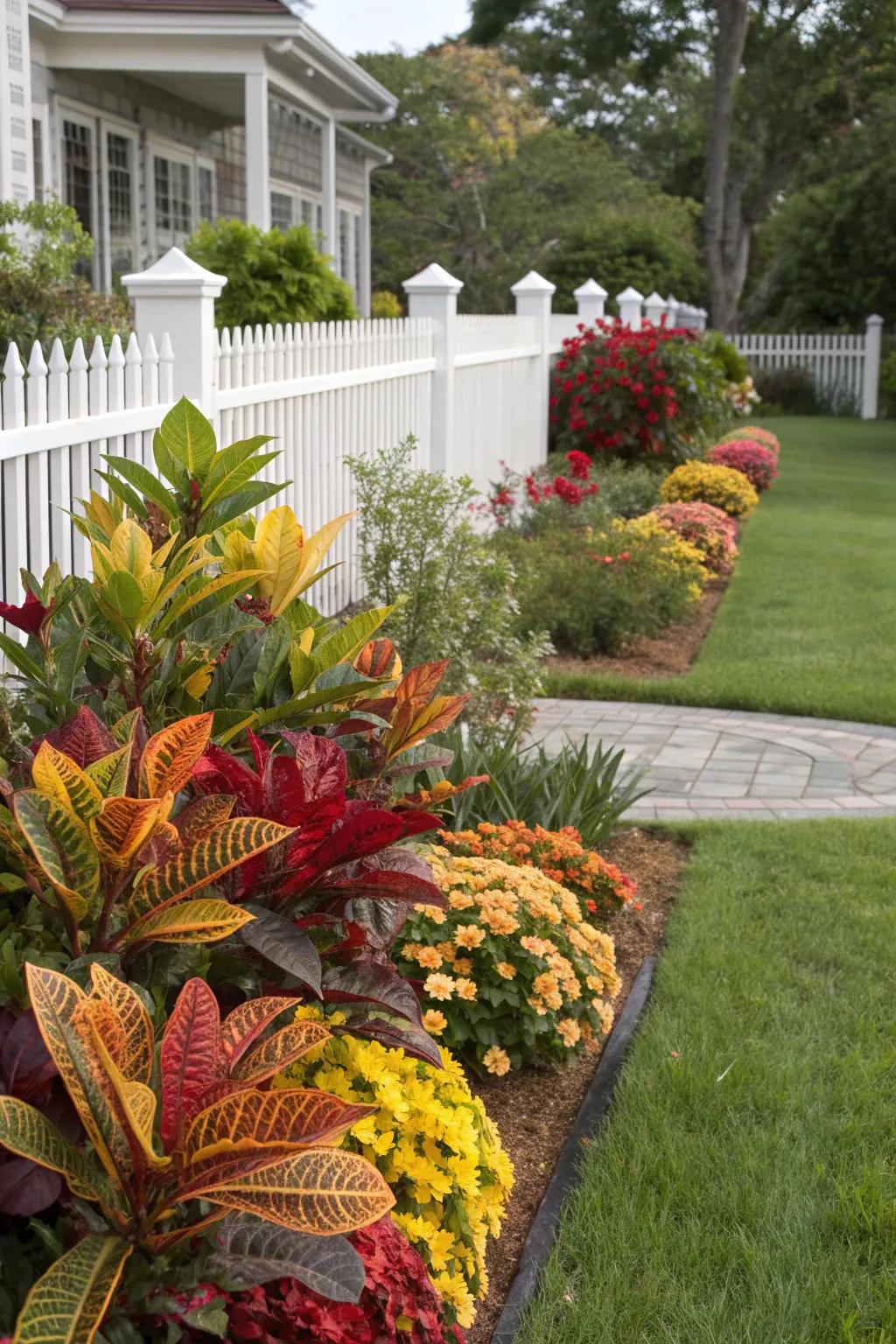 Keep your garden lively year-round with a mix of crotons and seasonal blooms.