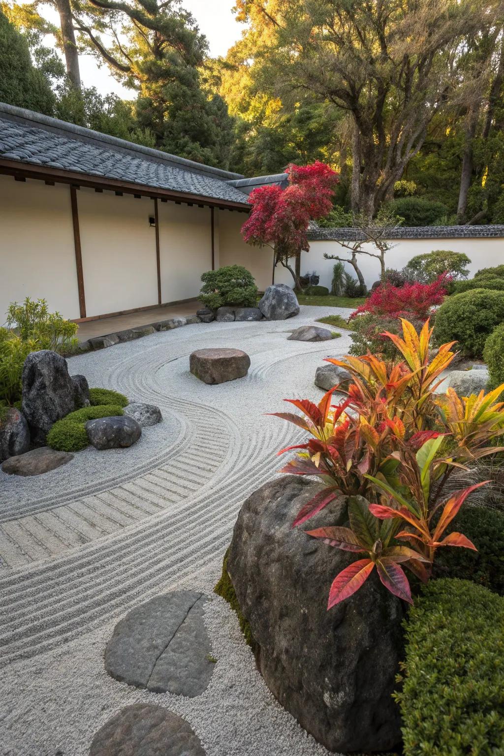 Add a splash of color to a Zen garden with vibrant crotons.